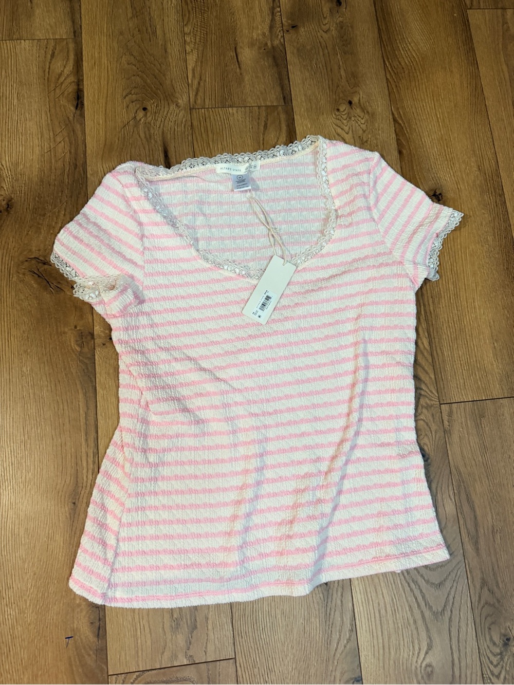 Altar'd State Pink & White Striped Lace-Trim Short Sleeve Tee